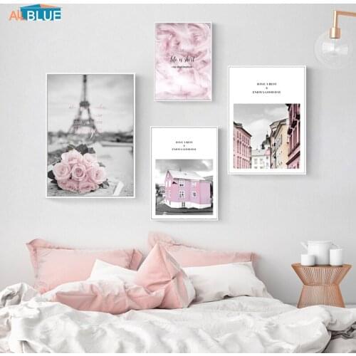 Poster Nordic Pink Rose City Landscape Eiffel Tower Girl Wall Art Canvas Painting Decoration Wall Picture Living Room Home Decor