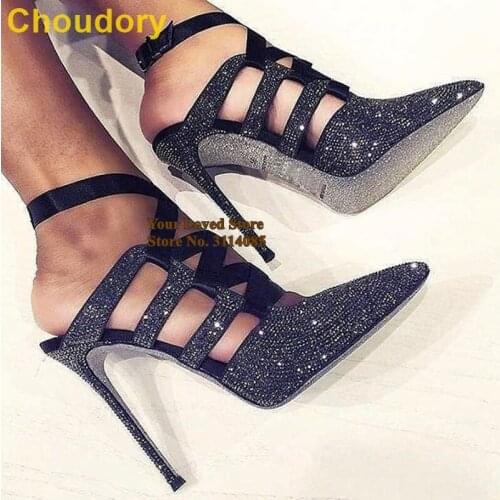 Choudory Bling Bling Black Crystal Wedding Shoes Hollow Out Cage Pumps Thin High Heels Ribband Patchwork Banquet Shoes Heels