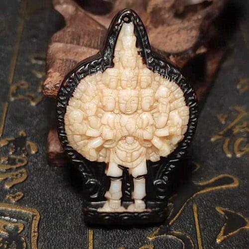 Old Agate Carved Eight-armed Thousand Faces Guanyin Buddha Sun Moon Totem Dzi Beads Men&Women Amulet Necklace Pendant
