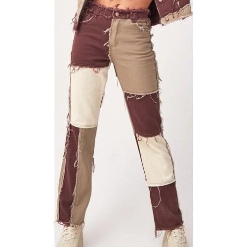 Summer New Style European American Women Jeans Mixed Color Stitching High Waist Tight Hip Womens Straight Denim Trousers