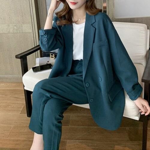 Autumn 2 Piece Set Double Breasted Notched Collar Female Blazer Solid High Waist Wide Leg Pants Office Lady Fashion Suits