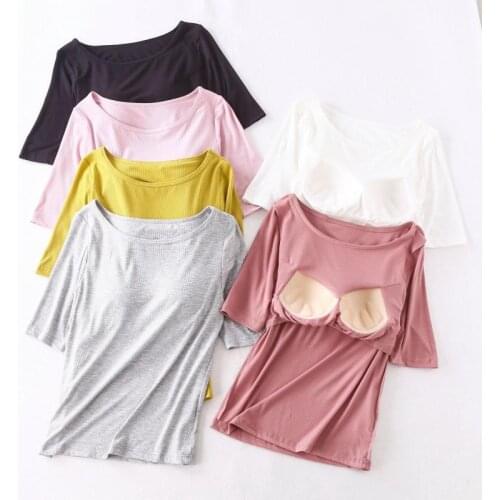 2 Pieces Womens Suit Korean Style Modal Threaded Half Sleeve T-Shirt with Bra Pad Shorts Pajamas Set Casual Female Sleepwear