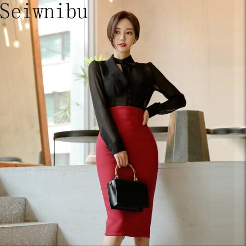 Women 2020 Autumn Office OL Work Wear 2 Pieces Set Sexy See Through Black Blouse Top + High Waist Red Pencil Bodycon Skirt