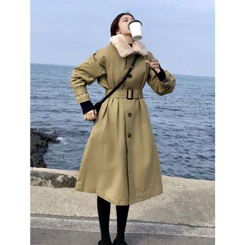 Winter padded coat plush lapel middle length padded coat female Korean style waist thickened quilted windbreaker jacket