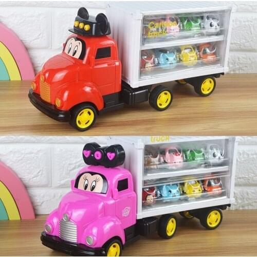 9 In 1) New Hot Container Truck and Cartoon Alloy Wheel Car Childrens Model Cars Minnie Mickey Truck Storage Set Kids Gifts