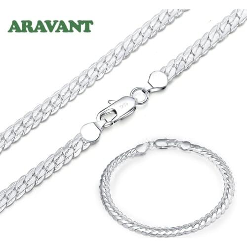 925 Silver 6MM Sideways Necklace Chain Charm Bracelet Set For Women Men Fashion Wedding Gift