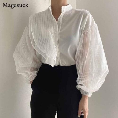 Loose Sexy See Through Blouse Stand Collar Clothes Korean Fashion White Women Shirt Mesh Puff Long Sleeve Blouse Blusas11256