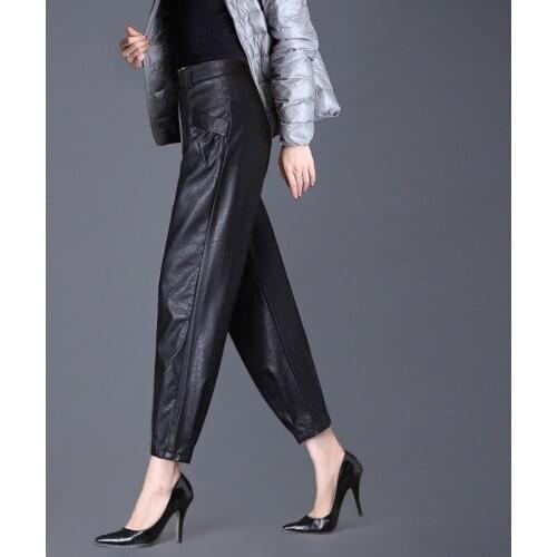 Fashion Women Slim Wide-leg Pants Female High Waist Elastic PU Leather Trousers with Pockets Streetwear Ladies warm Trouser H639