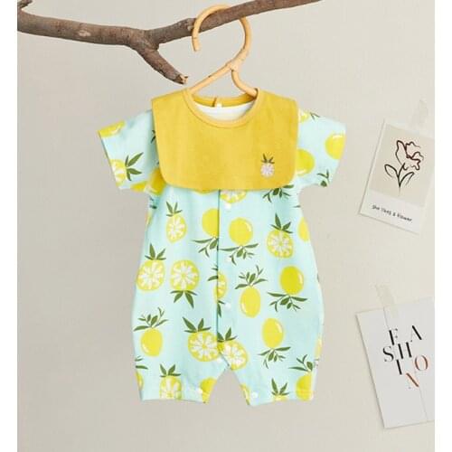 Baby Short-Sleeve One-Piece Summer Thin Lycra Cotton Pajamas Newborn Clothes for Baby Boys Girls Romper+Bibs 2 Pieces Set