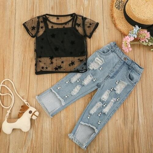 1-5Y Toddler Kids Baby Girl Tank Tops Star See Through T-shirt Peal Ripped Jeans Denim Pant 3PCS Girls Clothing Set