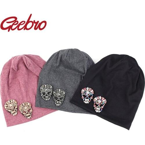Geebro Winter hats Skullies Rhinestone For Women Men Slouchy Soft Cotton Polyester Unisex Beanies hats Mens Hip hop Caps