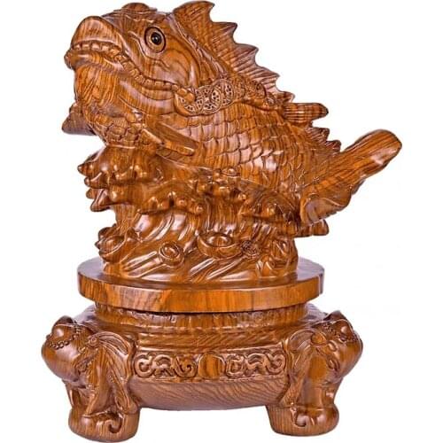 Huali wood hand-carved treasure basin ornaments red carp carving crafts with carp and carp every year