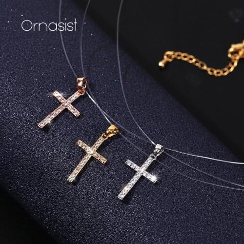 Classic Cross Pendant Necklace Simple Invisible Transparent Fishing line For Women Fashion Zircon Collier Choker Necklaces