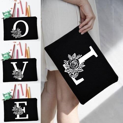 English Alphabet A B C Cosmetic Bag Women White Travel Wash Bag Makeup Organizer Student Eraser Pencil School Supplies Handbag