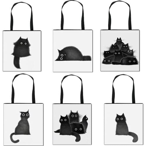 Cool Black And White Cat Cartoon Print Handbag Girls Tote Portable Folding Women Travel Shoulder Bags