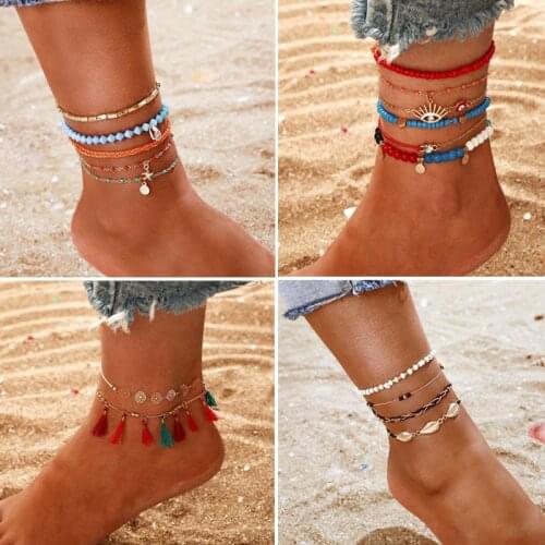 Multicolor Tassel Anklets Bohemian Jewelry For Women Acrylic Beaded Elastic Chain Ankle Bracelet