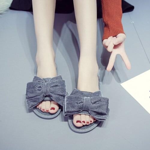 Fashion Bow Plush Womens Slippers Spring Autumn Home Indoor Flat Shoes Non-slip Floor Shoes Gold Velvet Open Toe Flip Flops
