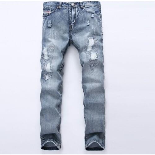 Mens Jeans Hip Hop Stretch Cowboy Cotton Skinny Ripped Blue Holes Jean for Male Trousers Pants