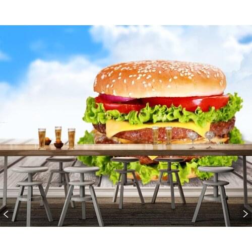 Papel de parede Fast food Hamburger Vegetables Wood planks Food wallpaper for living room kitchen fast food shop restaurant bar