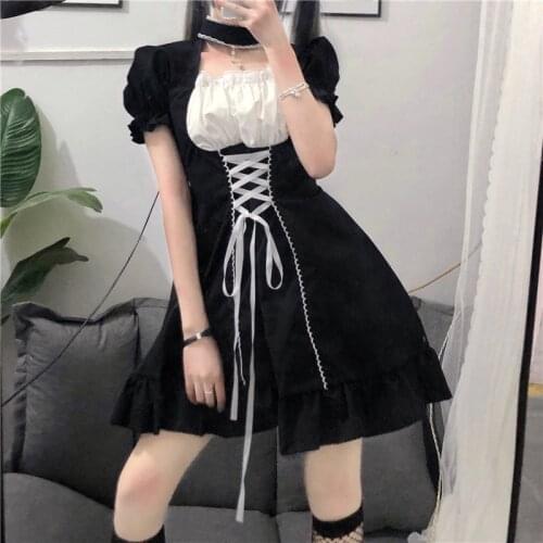 Japanese Cute Lolita Maid Dress Women Soft Girl Kawaii Puff Sleeve Black Stitching Cosplay Lace Up Dresses Summer New Mini Dress