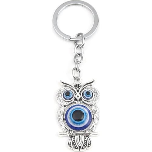 Religious Evil Eye Keychain Pendant Car Key & Keyring Silver Color Deep Blue Owl Animal Women Bag Accessories