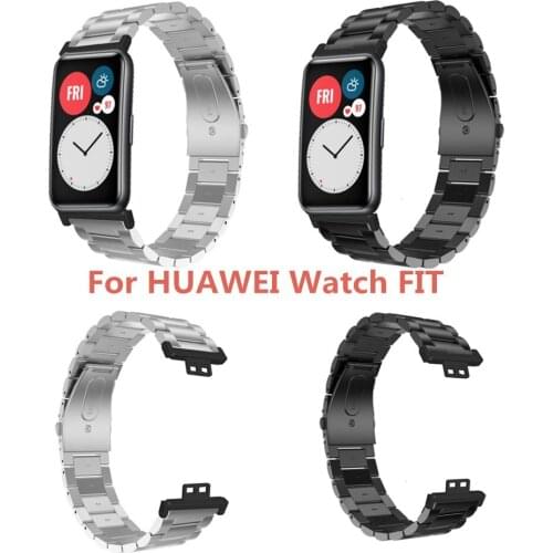 Three-beads Solid Stainless Steel Watch Strap with Double Snap Buckle Wristband for HUAWEI Watch FIT