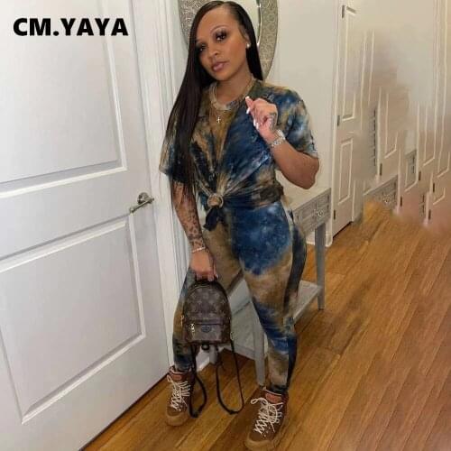 CM.YAYA Tie Dye Galaxy Sweatsuit Womens Set Basic T-shirts and Legging Pants Matching Two 2 Piece Set Active Tracksuit Outfits
