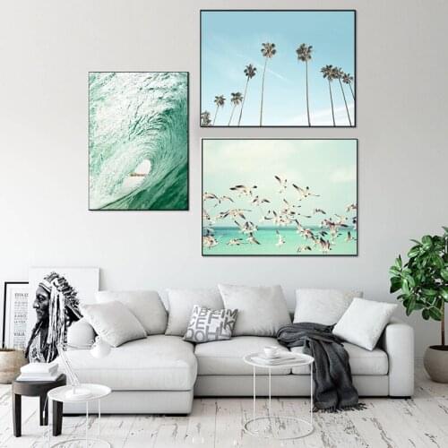 Tropical Palm Trees Canvas Painting Nordic Pastel Beach Wall Art Seascape Posters and Prints Fish Pictures for Living Room Decor