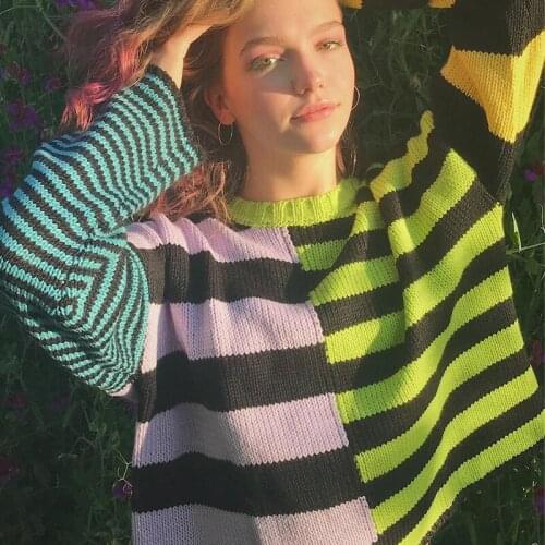 Retro color striped asymmetric stitching T-shirt womens autumn and winter womens languid Pullover