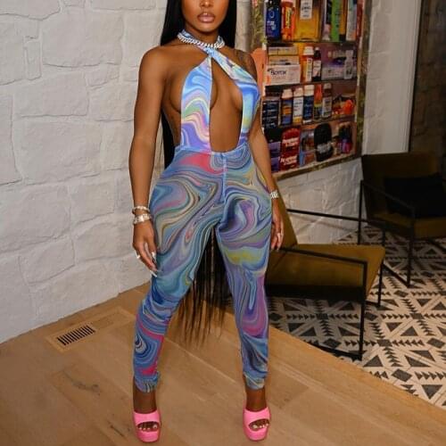 Women Summer Mesh Jumpsuit Irregular Print Halter Neck Backless Slim Trousers Long Pants Romper for Female Ladies Summer New