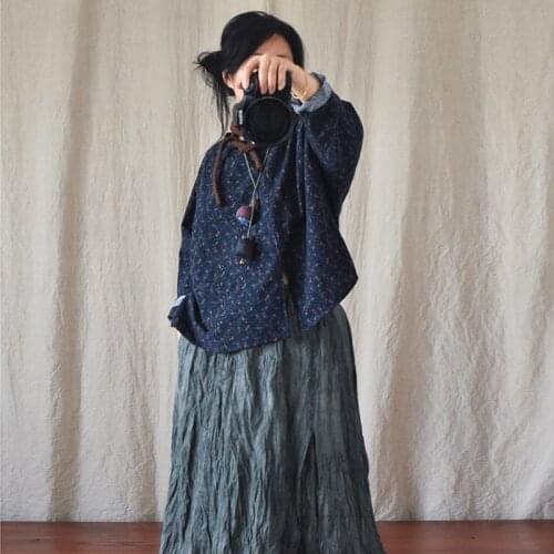 Women Loose Printed Retro Spring Autumn Tops Blouse Shirt Female Vintage Cotton Shirt Ladies Blouse 2021