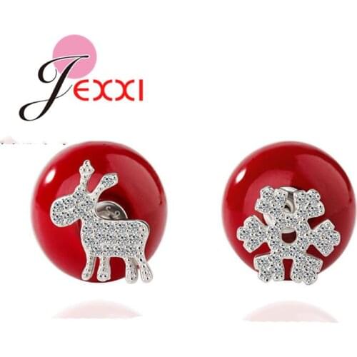 New New Girls Cute 925 Sterling Silver Jewelry Red Lovely Fawn Snowflake Stud Earrings For Women Christmas Gifts