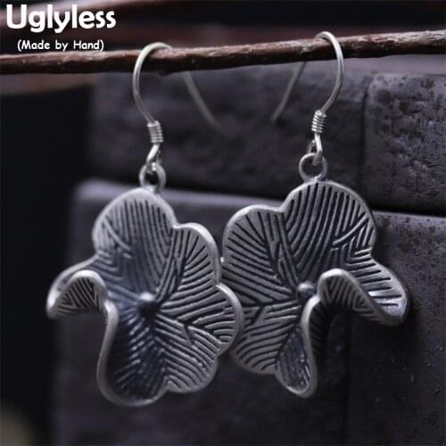 Uglyless Real S 925 Sterling Silver Handmade Curved Flower Dangle Earrings for Women Retro Thai Silver Leaf Earrings Fine Bijoux