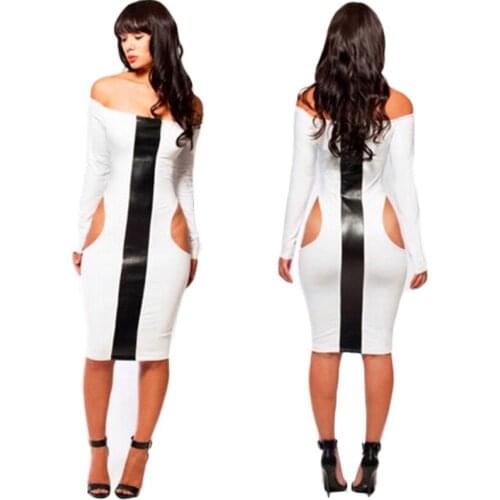 Women Summer Sexy Bandage Dress Fashion Long Sleeve Off Shoulder Cut out Stripe Midi Slim Bodycon Party Dresses Vestidos