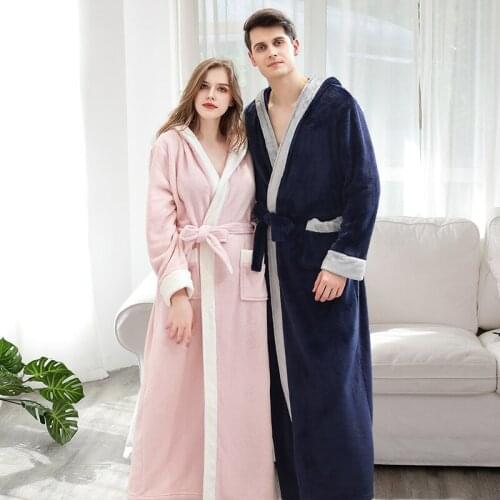 Lovers Winter Extra Long Hooded bathrobe robe pajamas Sleepwear for women And men Night Fur Robes Dressing Gown Women Sleepwear