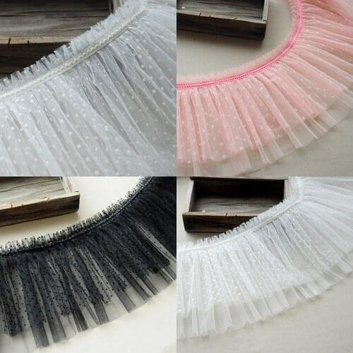 1M/lot 25CM wide black white pink double-layer polka dot mesh pleated lace DIY dress skirt trim SC579