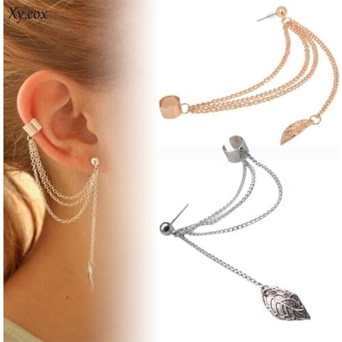 1pc Silver/Golden Chain Women Punk Rock Leaf Cuff Dangle Stud Tassel Earrings