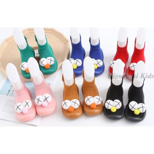 2021 Funny Big Eyes Pom Newborn Baby Shoes Casual Knit Non-Slip Rubber Sole Floor Shoes Infant Boy High Socks Shoes Toddler Girl