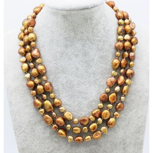 3rows freshwater pearl brown baroque necklace 45-49cm wholesale for women xmas gift