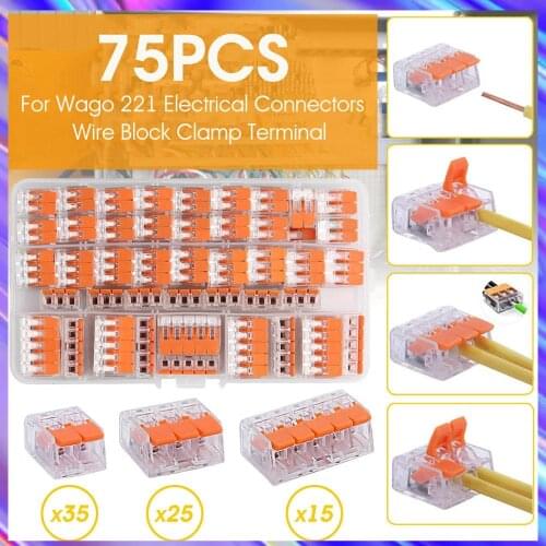 75pcs For Wago 221 Electrical Connectors Wire Block Clamp Terminal Cable Reusable Mini Quick Home Wire Terminal Connector