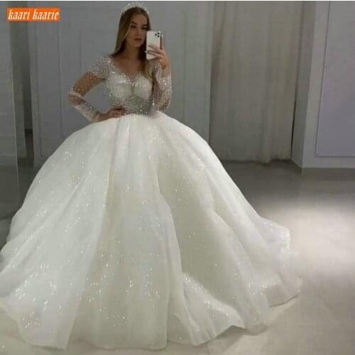 Glitter White Wedding Dresses V Neck Beaded Crystal Organza Ball Gown Bridal Dresses Long Sleeves 2020 Custom Made Wedding Gowns