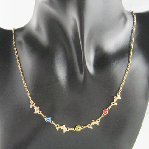 DOLPHIN EVIL EYE COLORFUL EYES THIN FIGARO CHAINS MATCHING BRACELET AND NECKLACE SET YELLOW GOLD GP COLOR OVERLAY SET