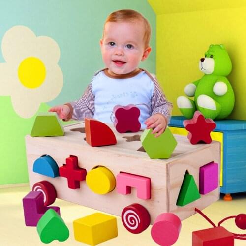 Wooden Pull-Along Shape Sorter Block Learning Toys Develop Motor Skill Kids