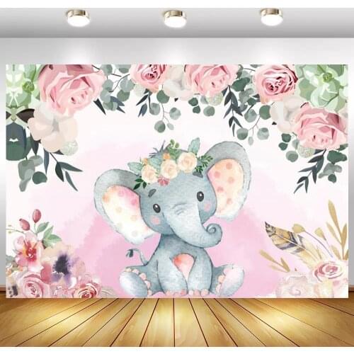 Floral Hat Girl Elephant Baby Shower Photographic Backdrop Newborn 1st Birthday Cake Table Decor Kids Party Photo Backgrounds