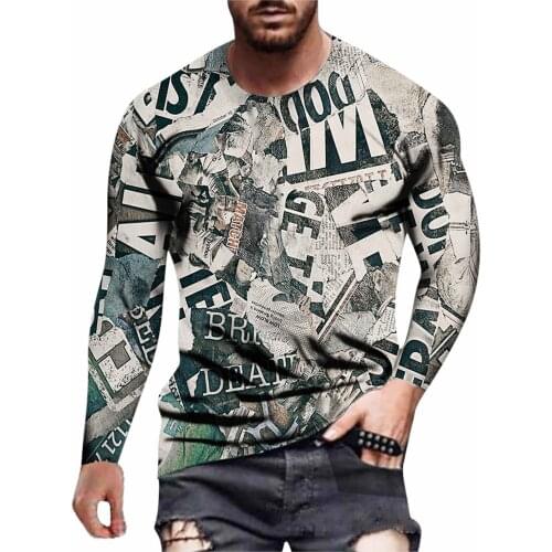 Vintage Printed T Shirts Men T Shirt Autumn And Winter New Round Neck Long-sleeved Tee Top Slim Streetwear Man Clothing
