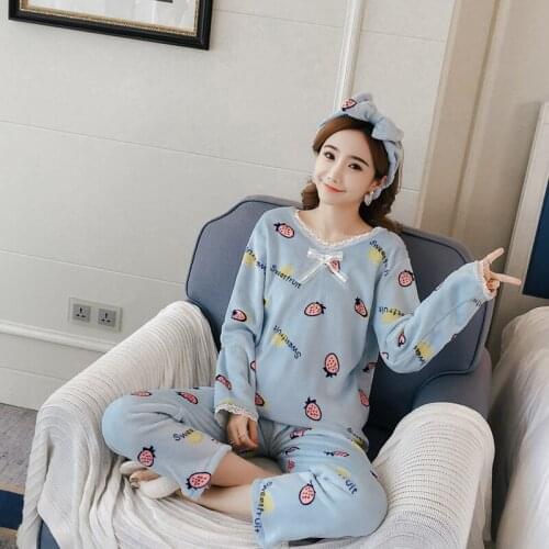 H5718 Pajamas Women Korean Coral Fleece Warm Sleepwear Homewear Long Sleeve Thick Flannel Student Casual Winter Home Clothes