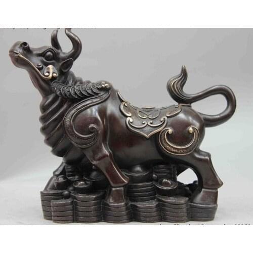 Chinese Copper Bronze Wealth Money YuanBao Zodiac Year Ox Cow Cattle Bull Statue