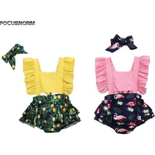FOCUSNORM 0-24M Newborn Baby Girls Boys Rompers Headband Ruffles Short Sleeve Print Jumpsuits Outfits