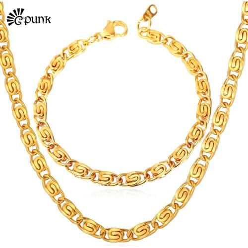 Jewelry Sets Fashion New yellow Gold color Chunky Necklace Bracelet 'yellow ' Stamp Jewelry Sets Men Earrings (VITO S5538)