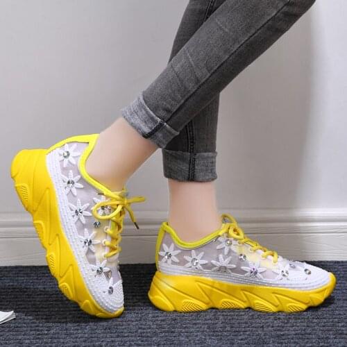 Rimocy Breathable Air Mesh Crystal Sneakers Women Rhinestones Floral White Casual Shoes Woman Fashion Chunky Platform Trainers